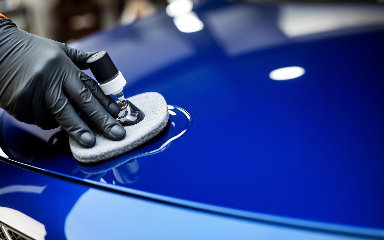 A detailer applying ceramic coating to a glossy hood