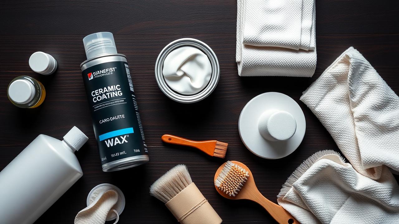 Ceramic coating bottle and carnauba wax flat-lay
