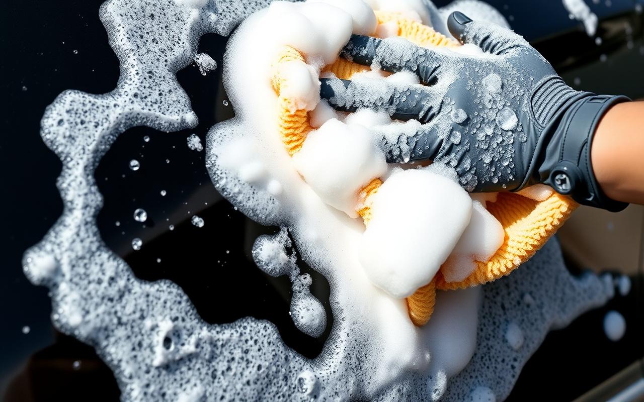A car covered in snow foam during a hand wash