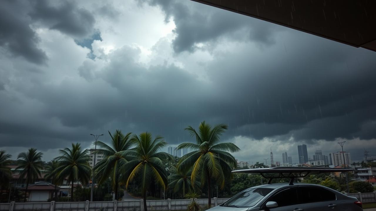 Dark storm clouds rolling in over tropical sky