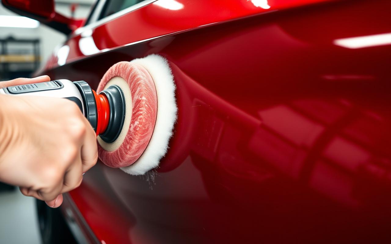 Polisher pad removing swirl marks from a red car door