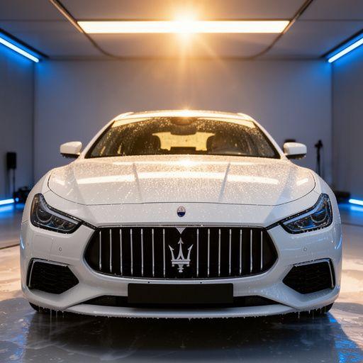A freshly polished sedan reflecting studio lights