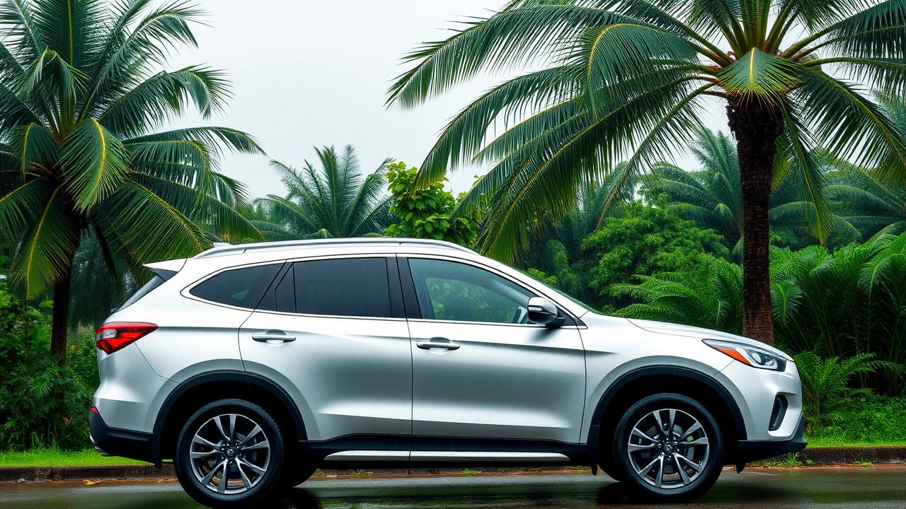 A silver SUV in tropical Malaysian rain